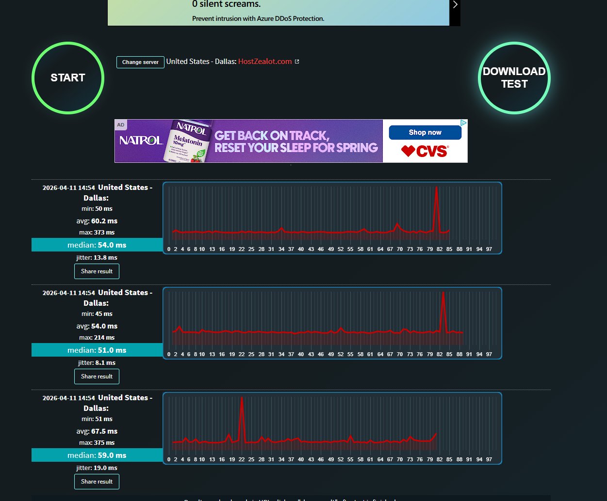 Initial ping test results showing spikes to 373-375ms