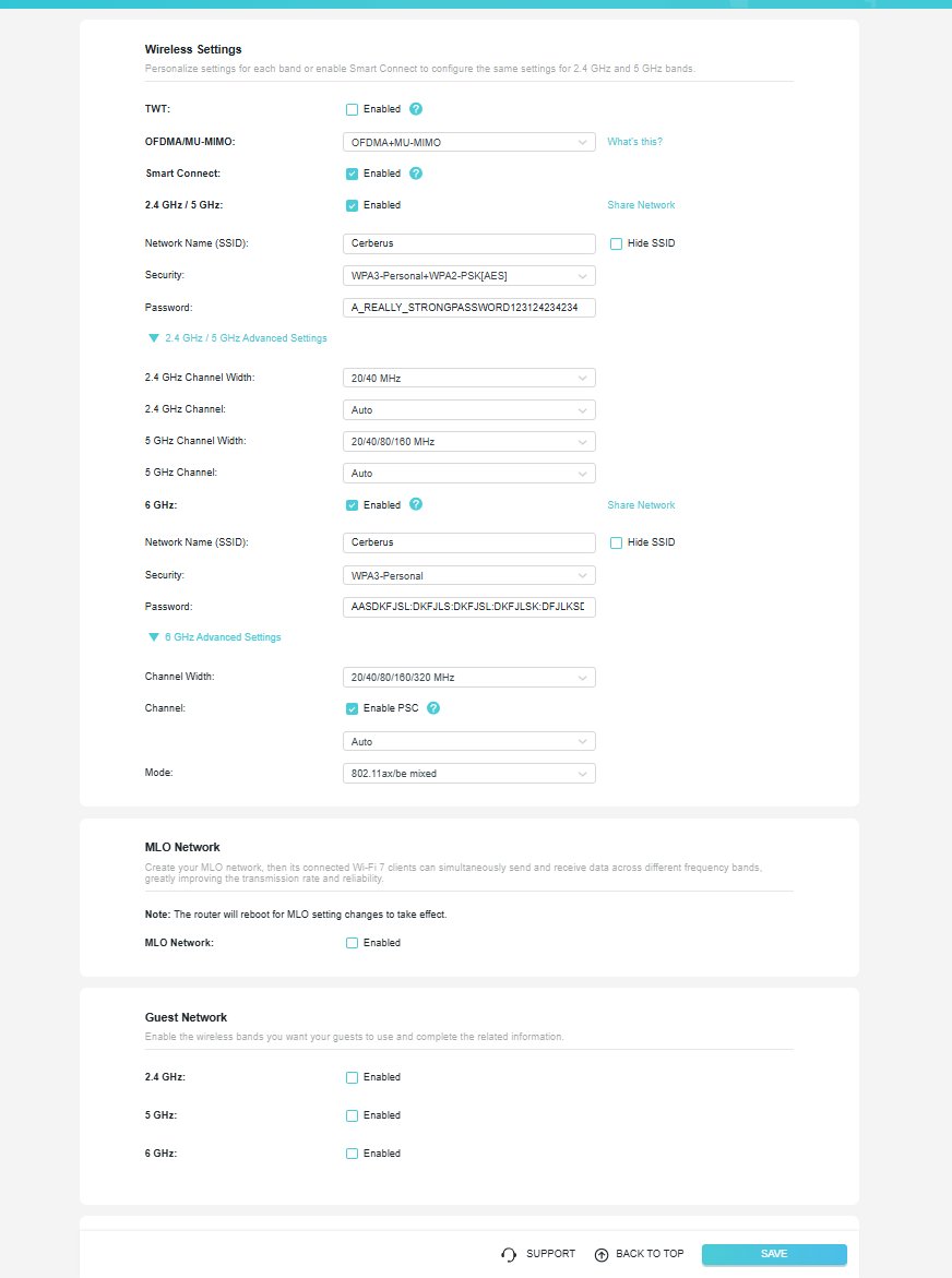 BE600 advanced wireless settings — channels set to Auto