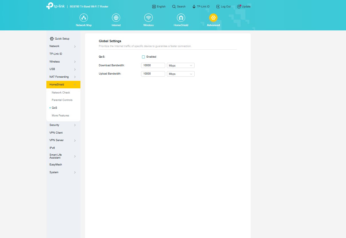 BE600 QoS settings — basic device priority only, no SQM