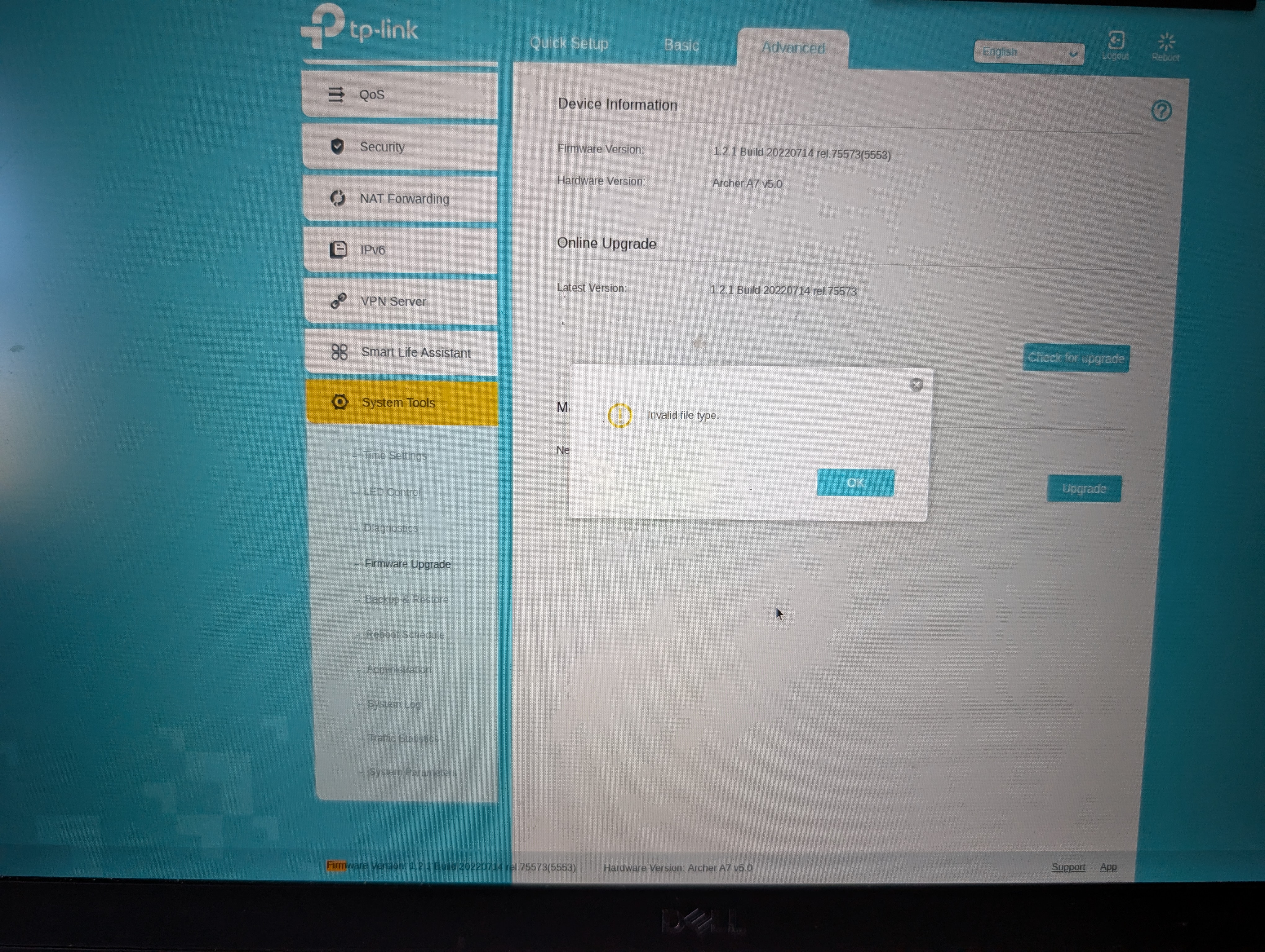 Invalid file type error when trying to flash C7 firmware on A7 hardware
